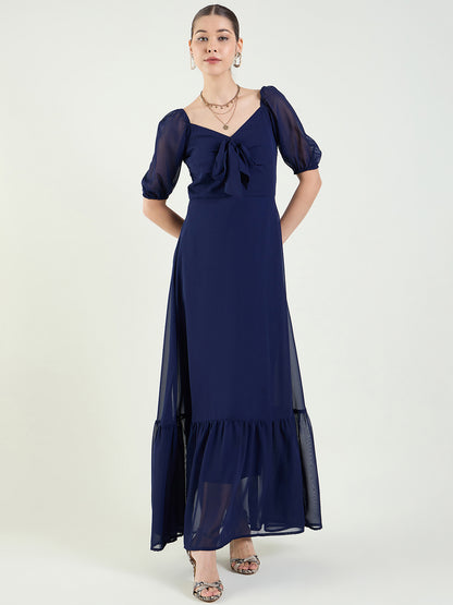 Puff Sleeve Maxi Dress with Tie-Front Bodice