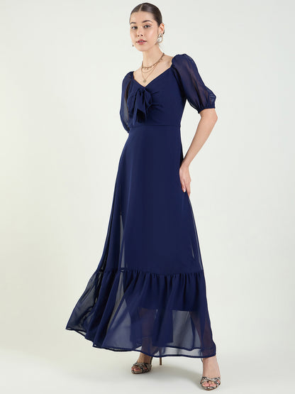 Puff Sleeve Maxi Dress with Tie-Front Bodice