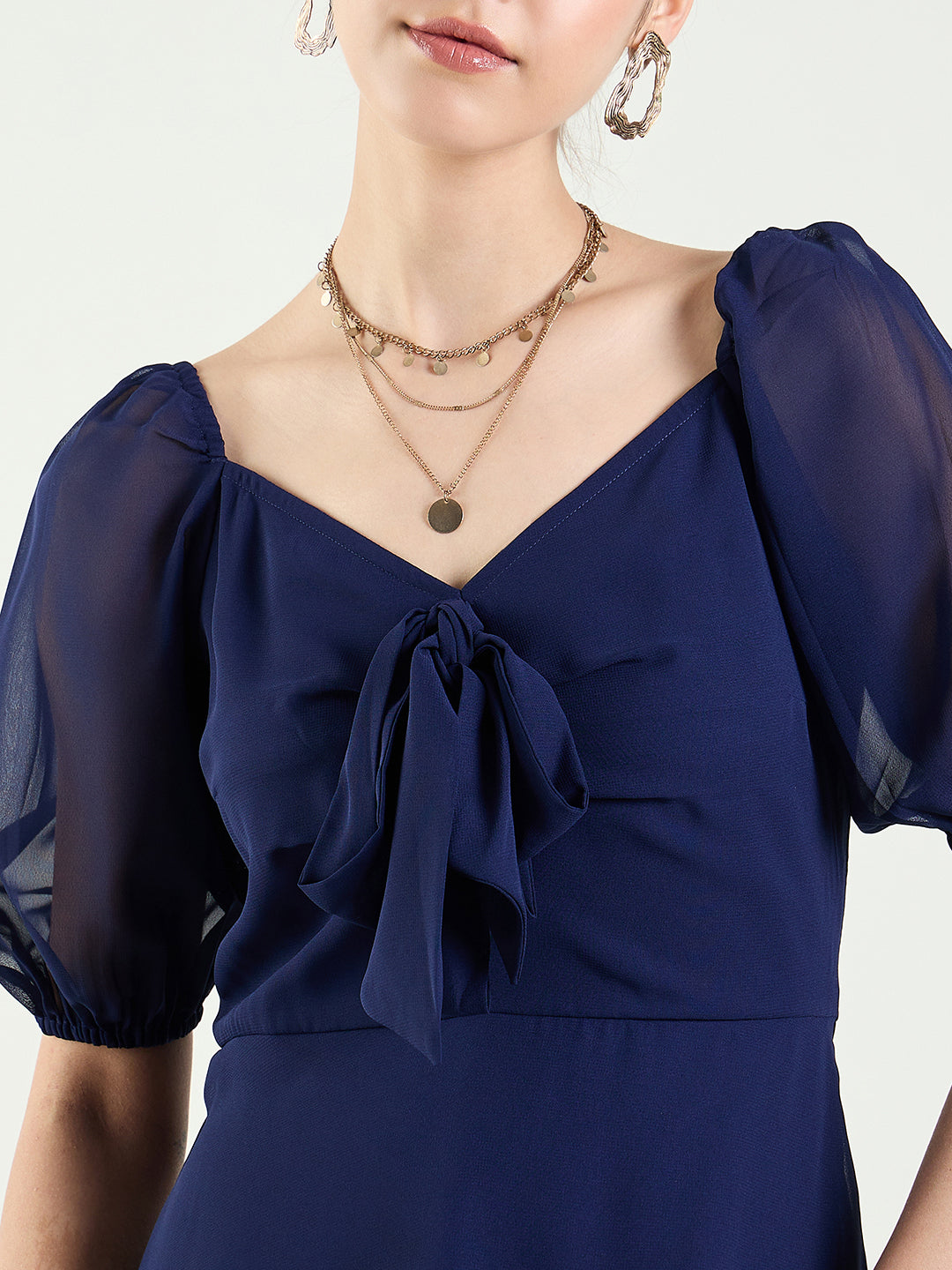 Puff Sleeve Maxi Dress with Tie-Front Bodice