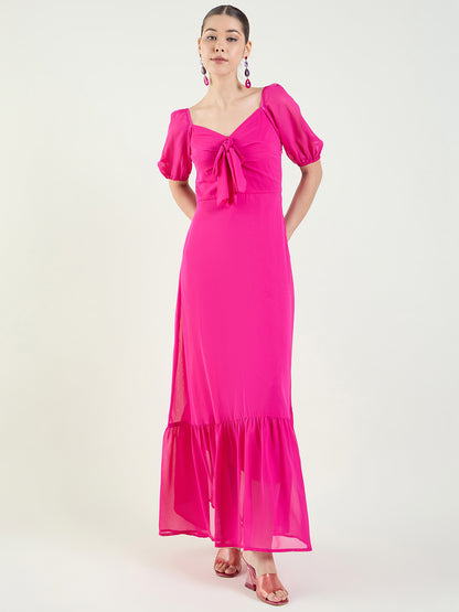 Puff Sleeve Maxi Dress with Tie-Front Bodice