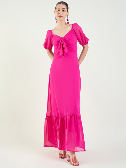 Puff Sleeve Maxi Dress with Tie-Front Bodice