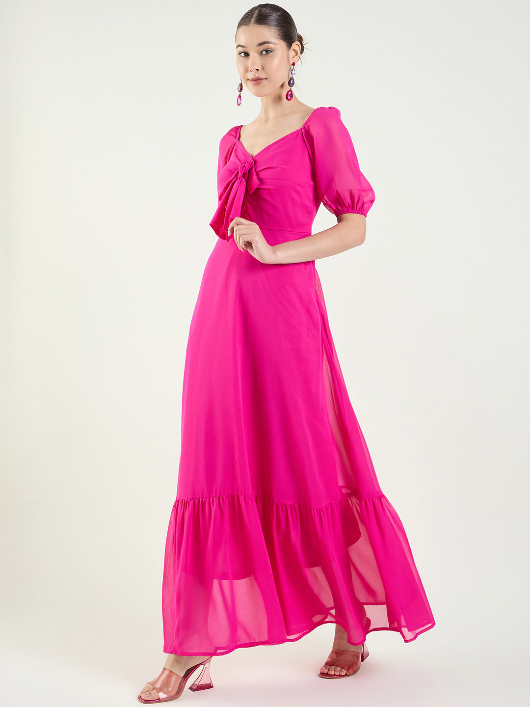 Puff Sleeve Maxi Dress with Tie-Front Bodice