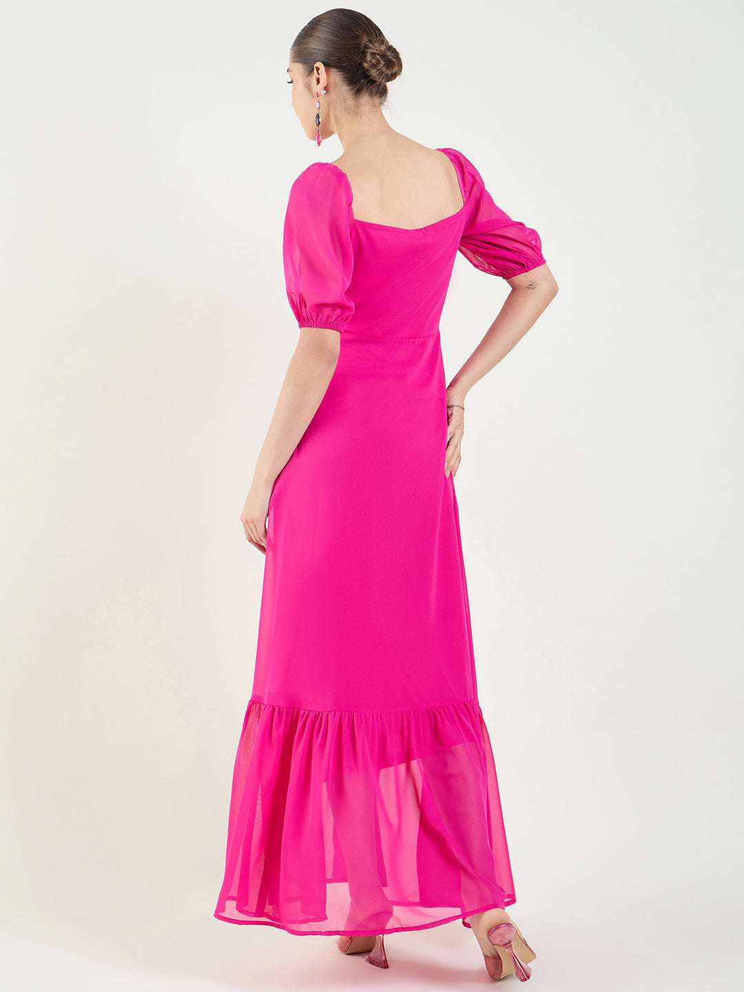 Puff Sleeve Maxi Dress with Tie-Front Bodice