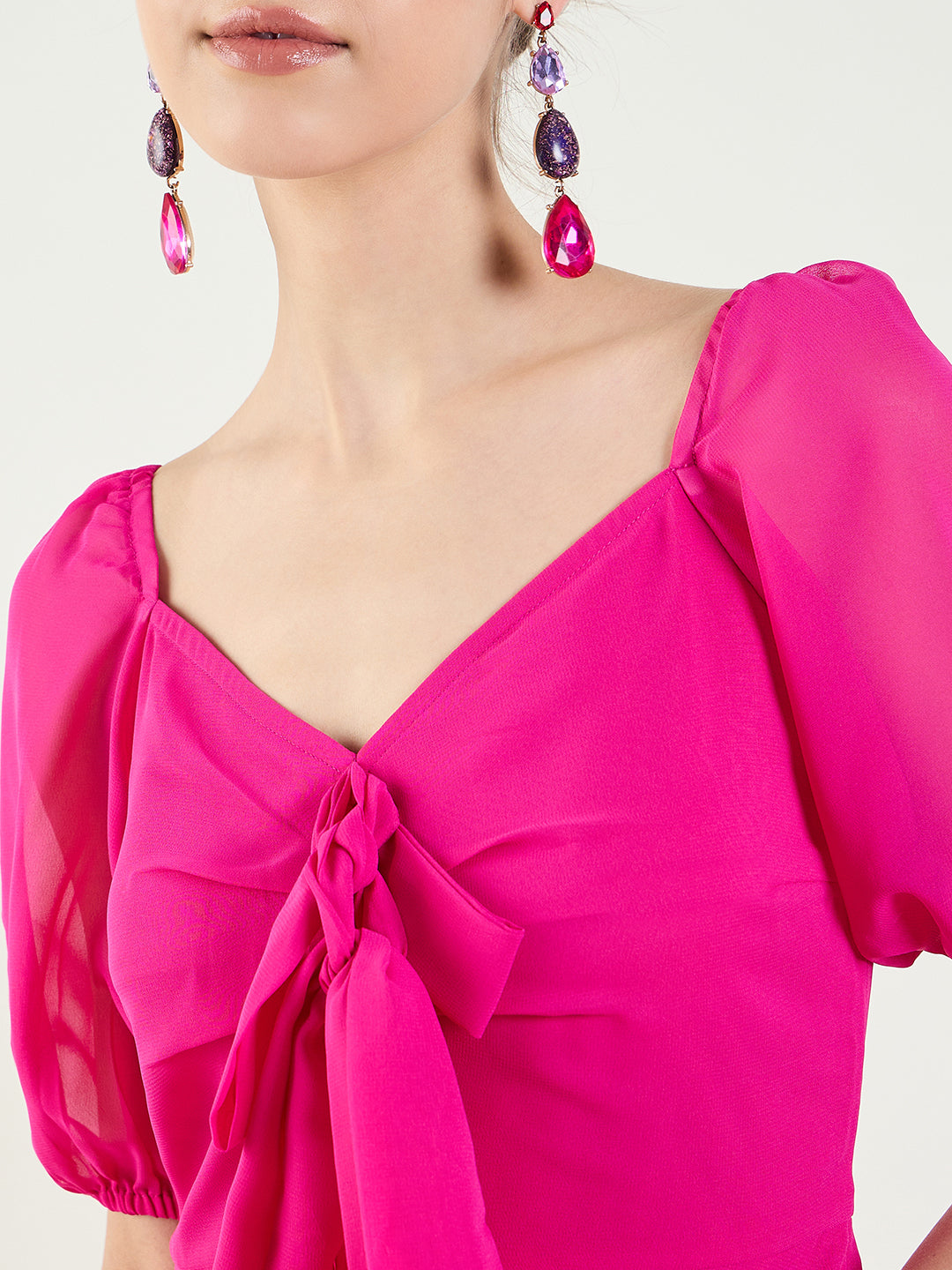 Puff Sleeve Maxi Dress with Tie-Front Bodice