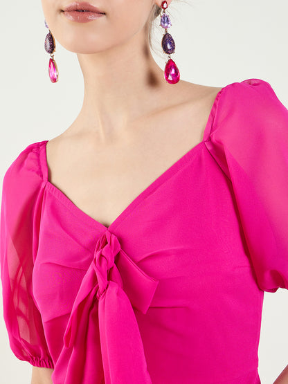 Puff Sleeve Maxi Dress with Tie-Front Bodice