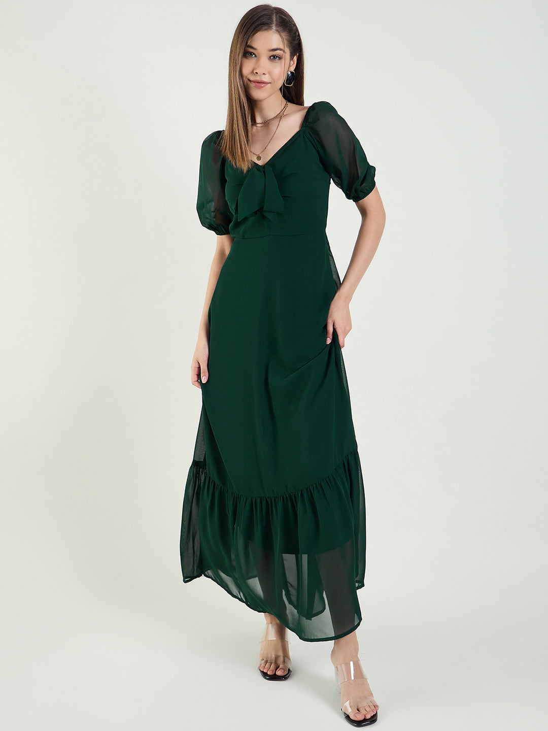 Puff Sleeve Maxi Dress with Tie-Front Bodice