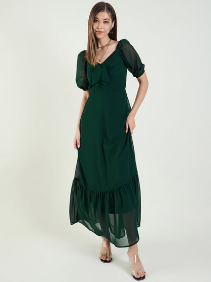 Puff Sleeve Maxi Dress with Tie-Front Bodice