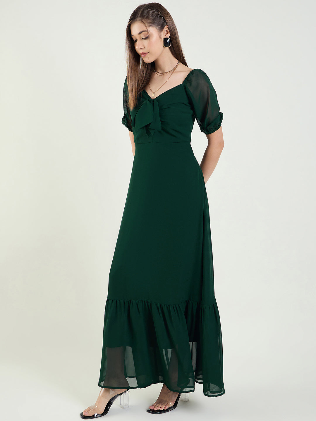 Puff Sleeve Maxi Dress with Tie-Front Bodice