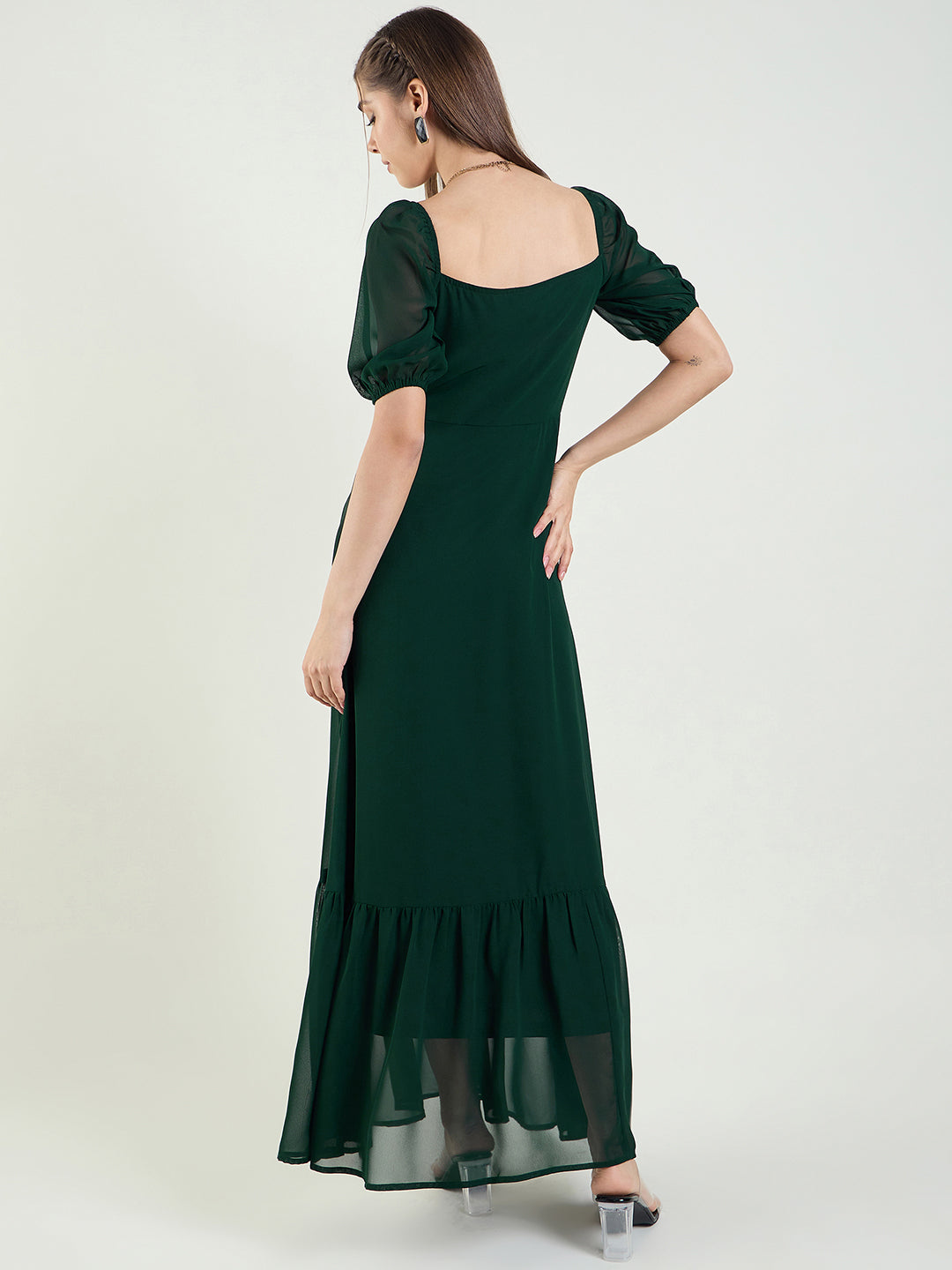 Puff Sleeve Maxi Dress with Tie-Front Bodice