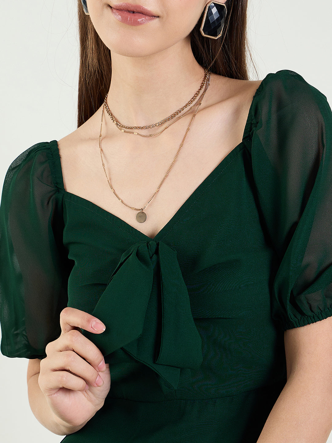 Puff Sleeve Maxi Dress with Tie-Front Bodice