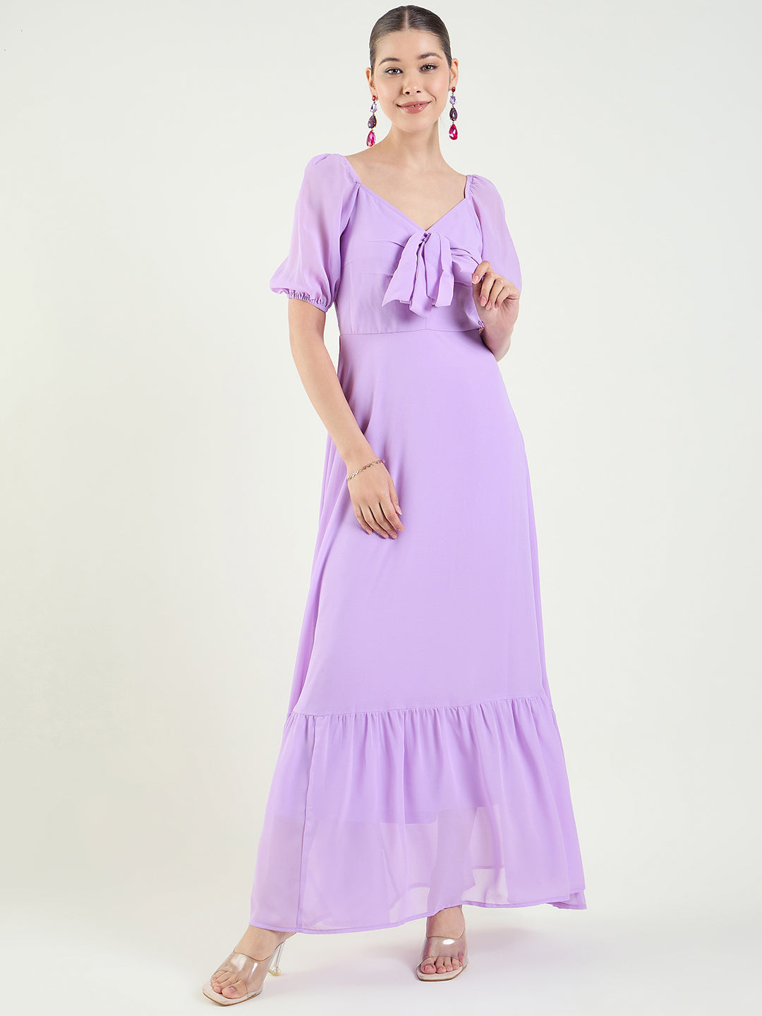 Puff Sleeve Maxi Dress with Tie-Front Bodice