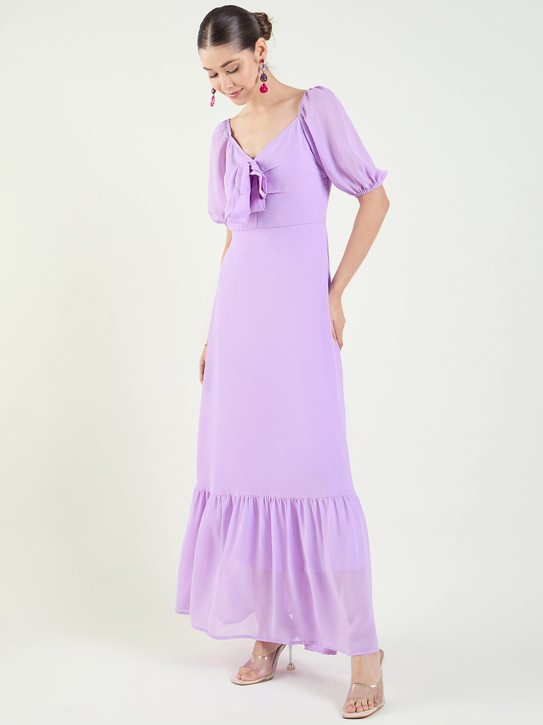 Puff Sleeve Maxi Dress with Tie-Front Bodice
