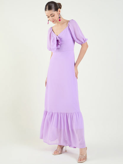 Puff Sleeve Maxi Dress with Tie-Front Bodice