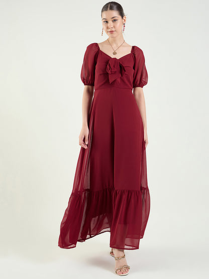 Puff Sleeve Maxi Dress with Tie-Front Bodice