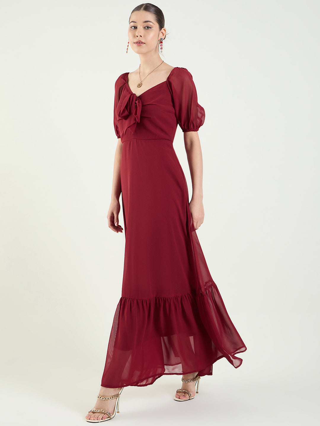 Puff Sleeve Maxi Dress with Tie-Front Bodice