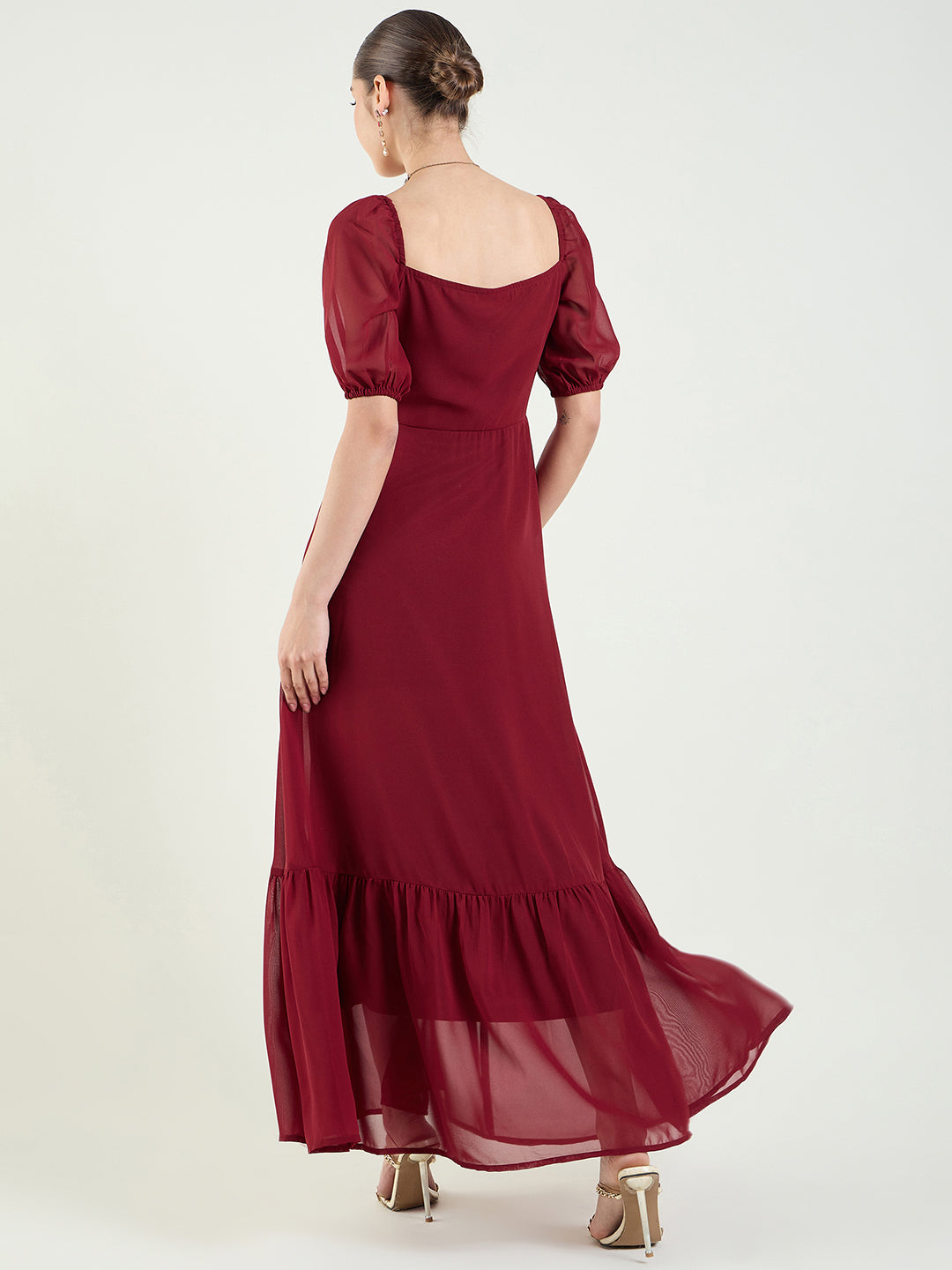 Puff Sleeve Maxi Dress with Tie-Front Bodice
