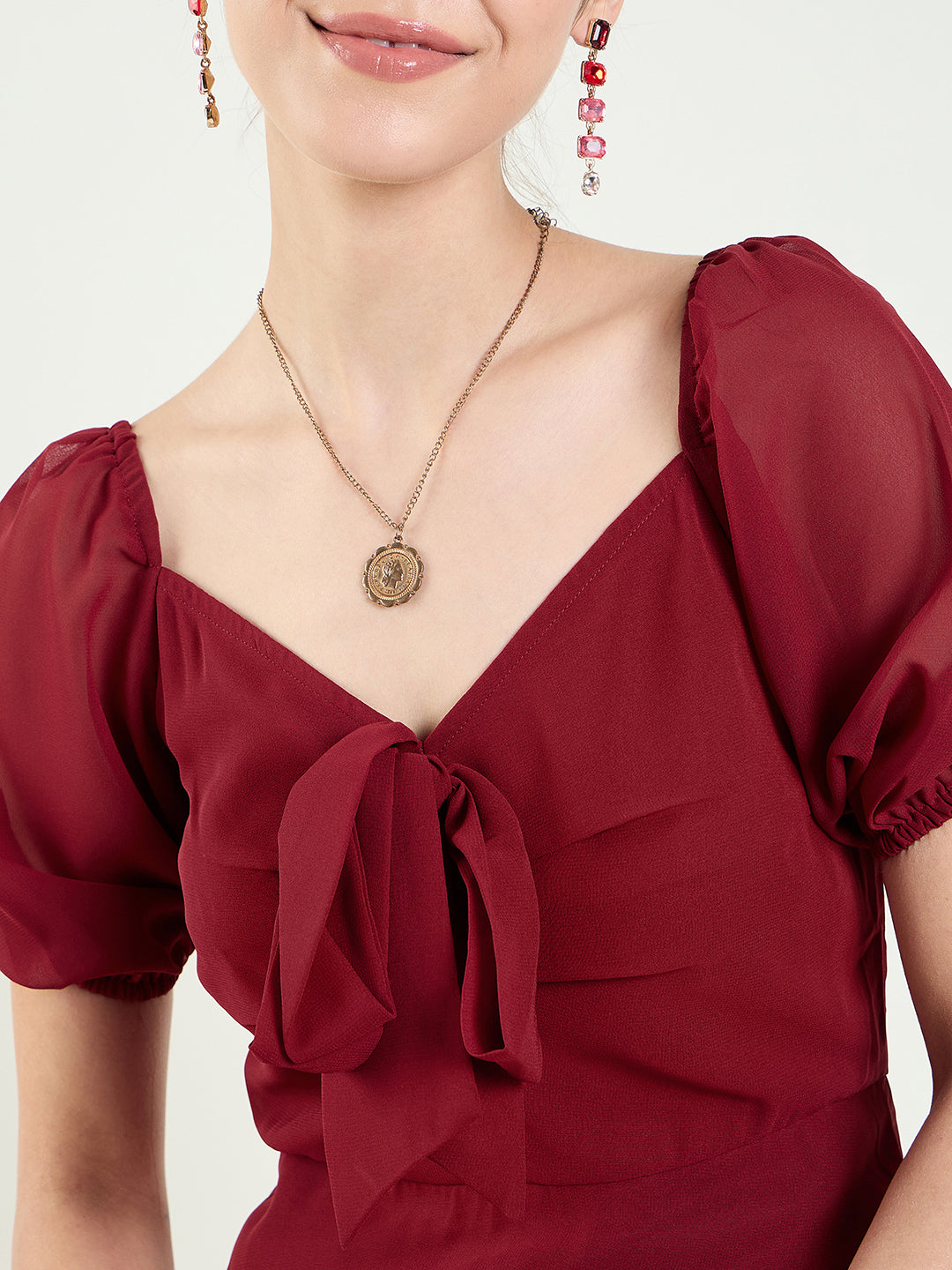 Puff Sleeve Maxi Dress with Tie-Front Bodice