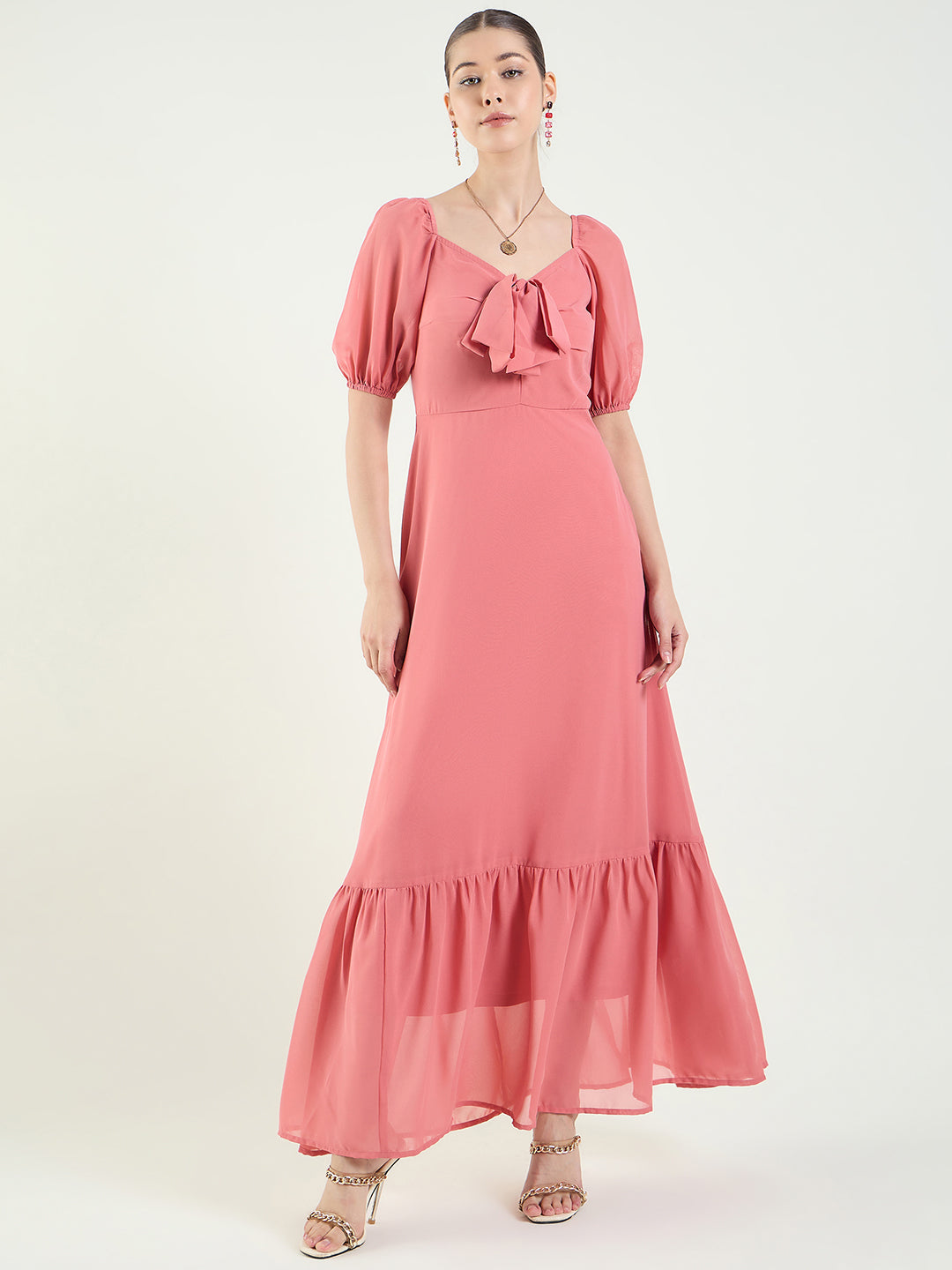 Puff Sleeve Maxi Dress with Tie-Front Bodice