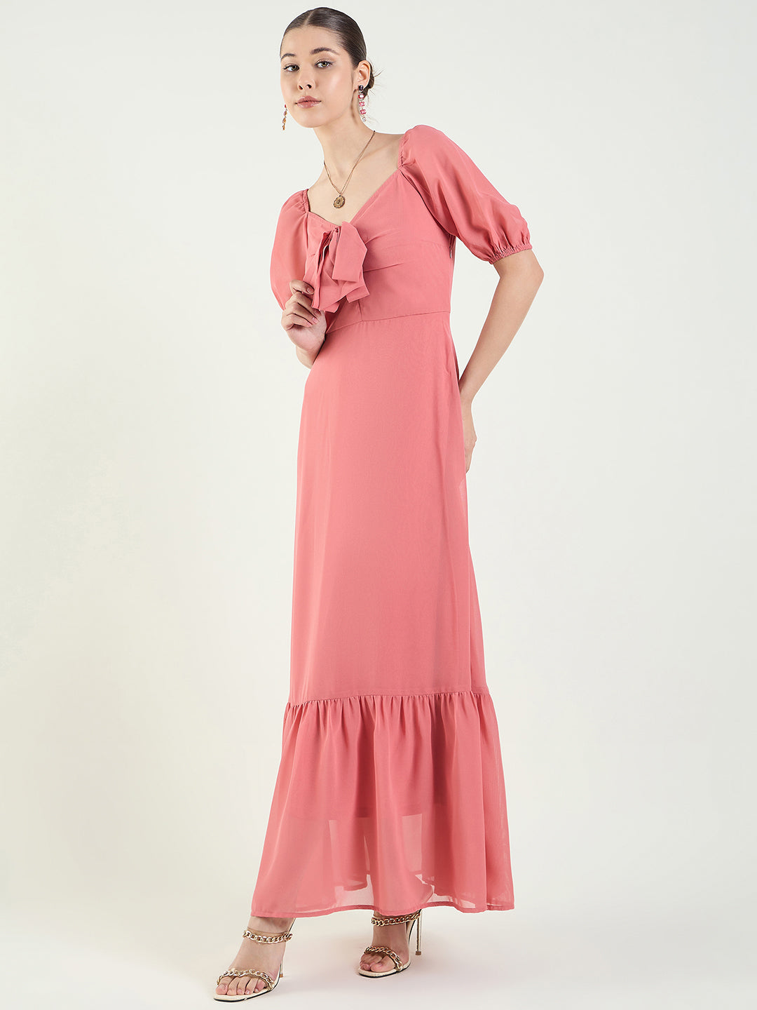 Puff Sleeve Maxi Dress with Tie-Front Bodice