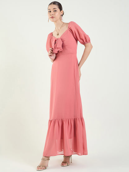 Puff Sleeve Maxi Dress with Tie-Front Bodice