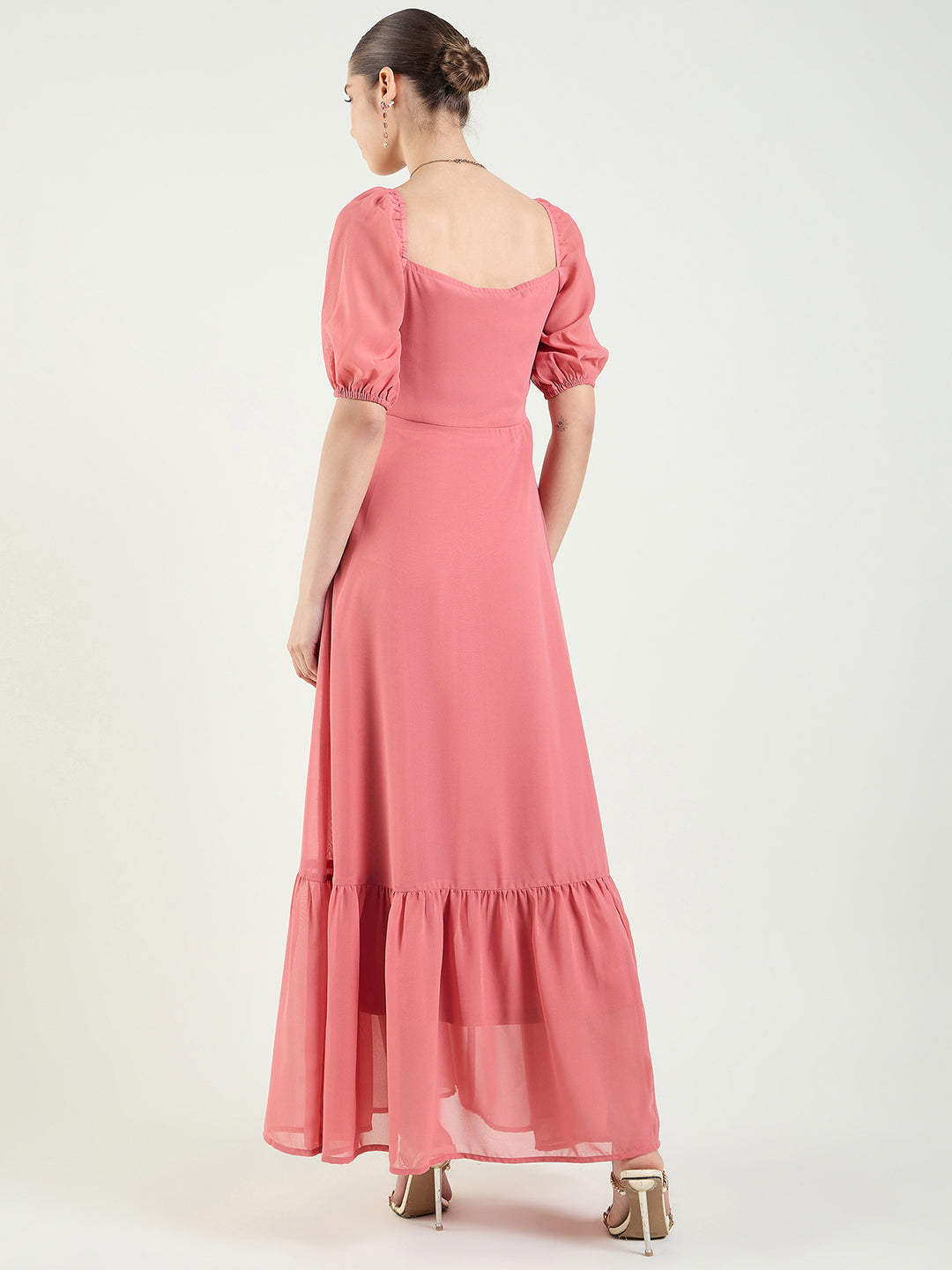 Puff Sleeve Maxi Dress with Tie-Front Bodice