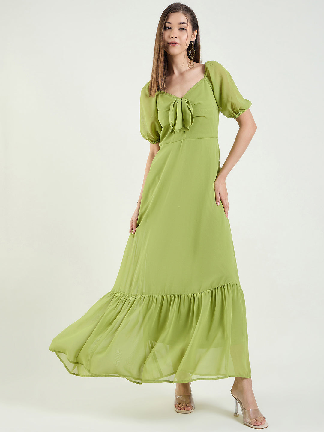 Puff Sleeve Maxi Dress with Tie-Front Bodice