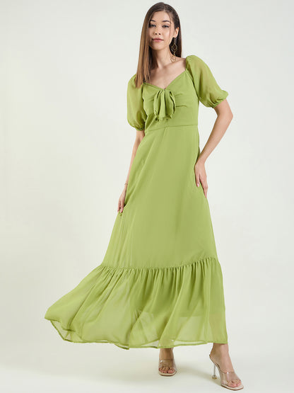 Puff Sleeve Maxi Dress with Tie-Front Bodice