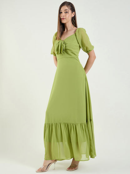 Puff Sleeve Maxi Dress with Tie-Front Bodice