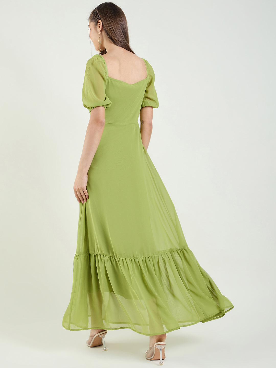 Puff Sleeve Maxi Dress with Tie-Front Bodice