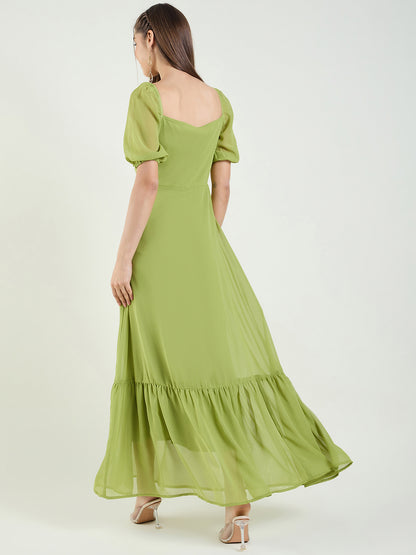 Puff Sleeve Maxi Dress with Tie-Front Bodice