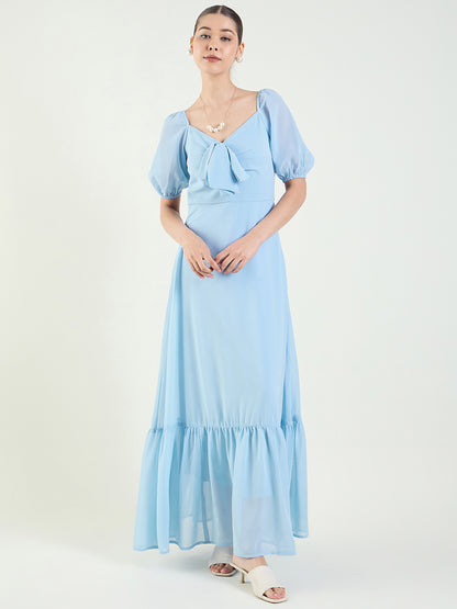 Puff Sleeve Maxi Dress with Tie-Front Bodice