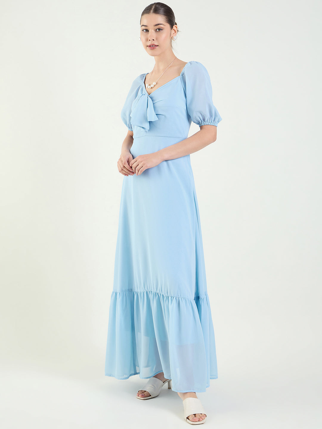 Puff Sleeve Maxi Dress with Tie-Front Bodice