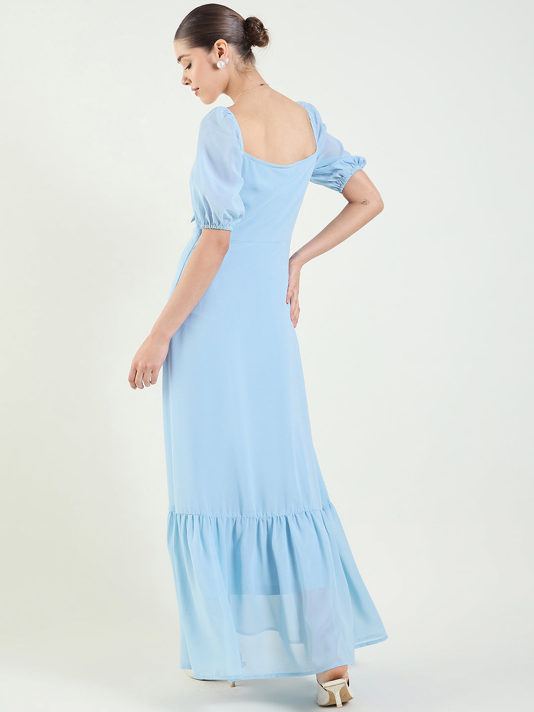 Puff Sleeve Maxi Dress with Tie-Front Bodice