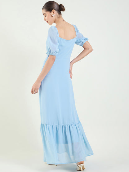 Puff Sleeve Maxi Dress with Tie-Front Bodice