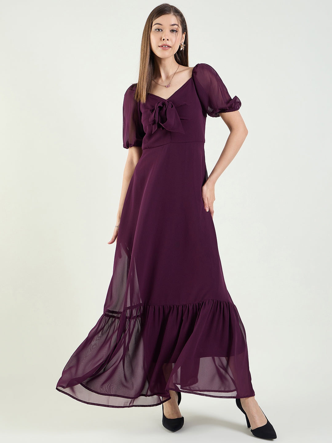 Puff Sleeve Maxi Dress with Tie-Front Bodice