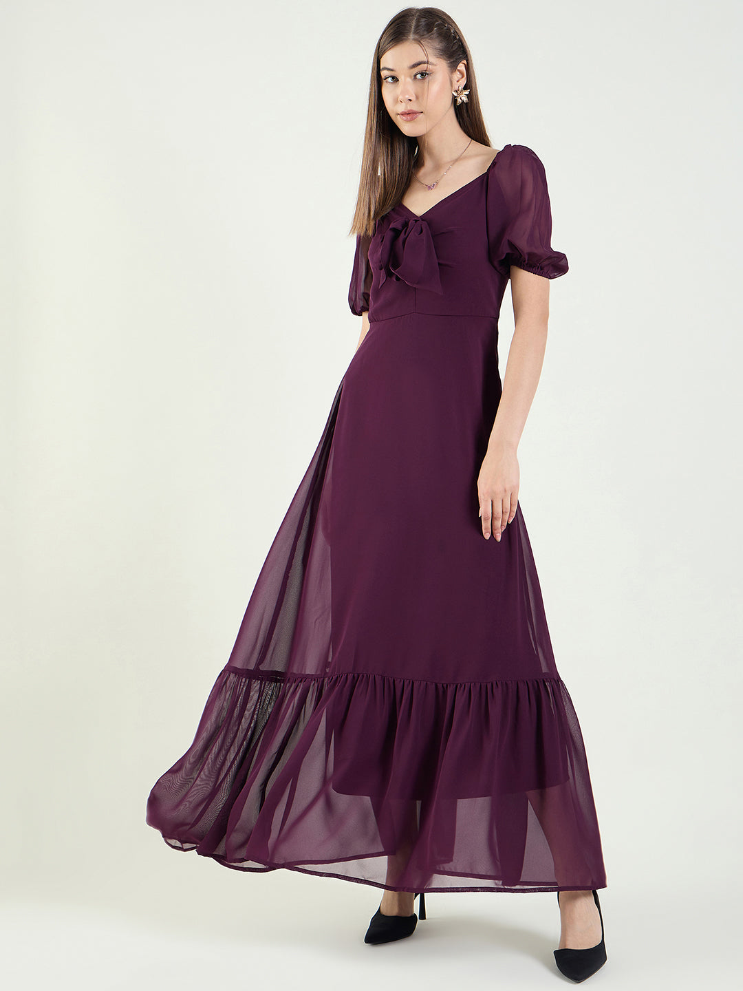 Puff Sleeve Maxi Dress with Tie-Front Bodice