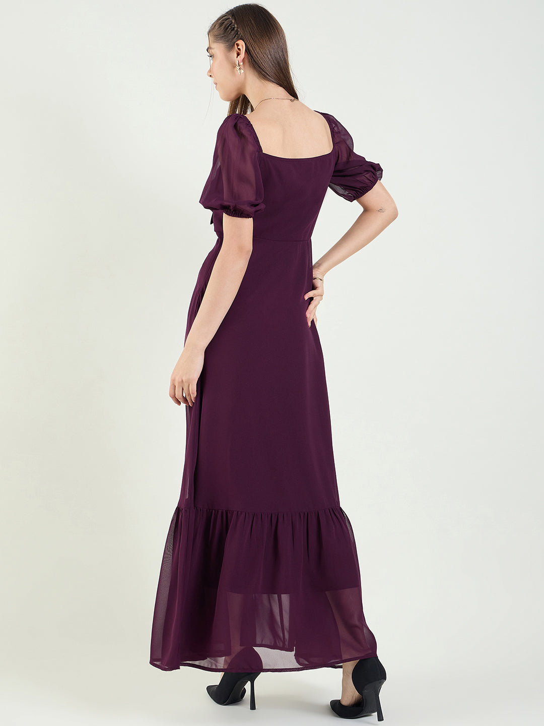 Puff Sleeve Maxi Dress with Tie-Front Bodice