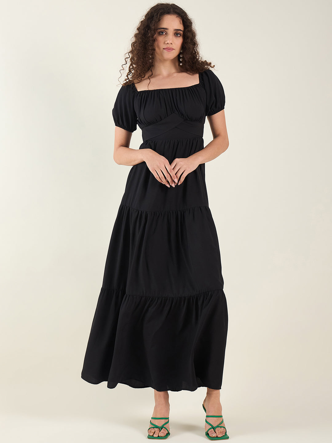 Puff Sleeve Square Neck Tie-Waist Maxi Dress