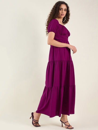 Puff Sleeve Square Neck Tie-Waist Maxi Dress