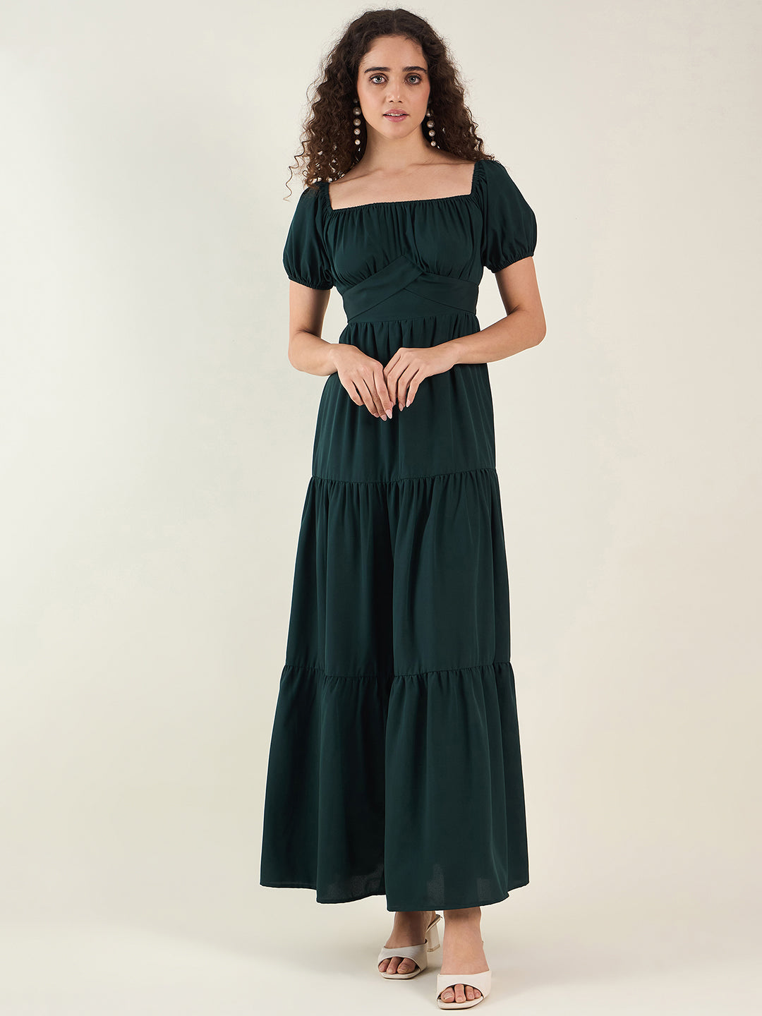 Puff Sleeve Square Neck Tie-Waist Maxi Dress
