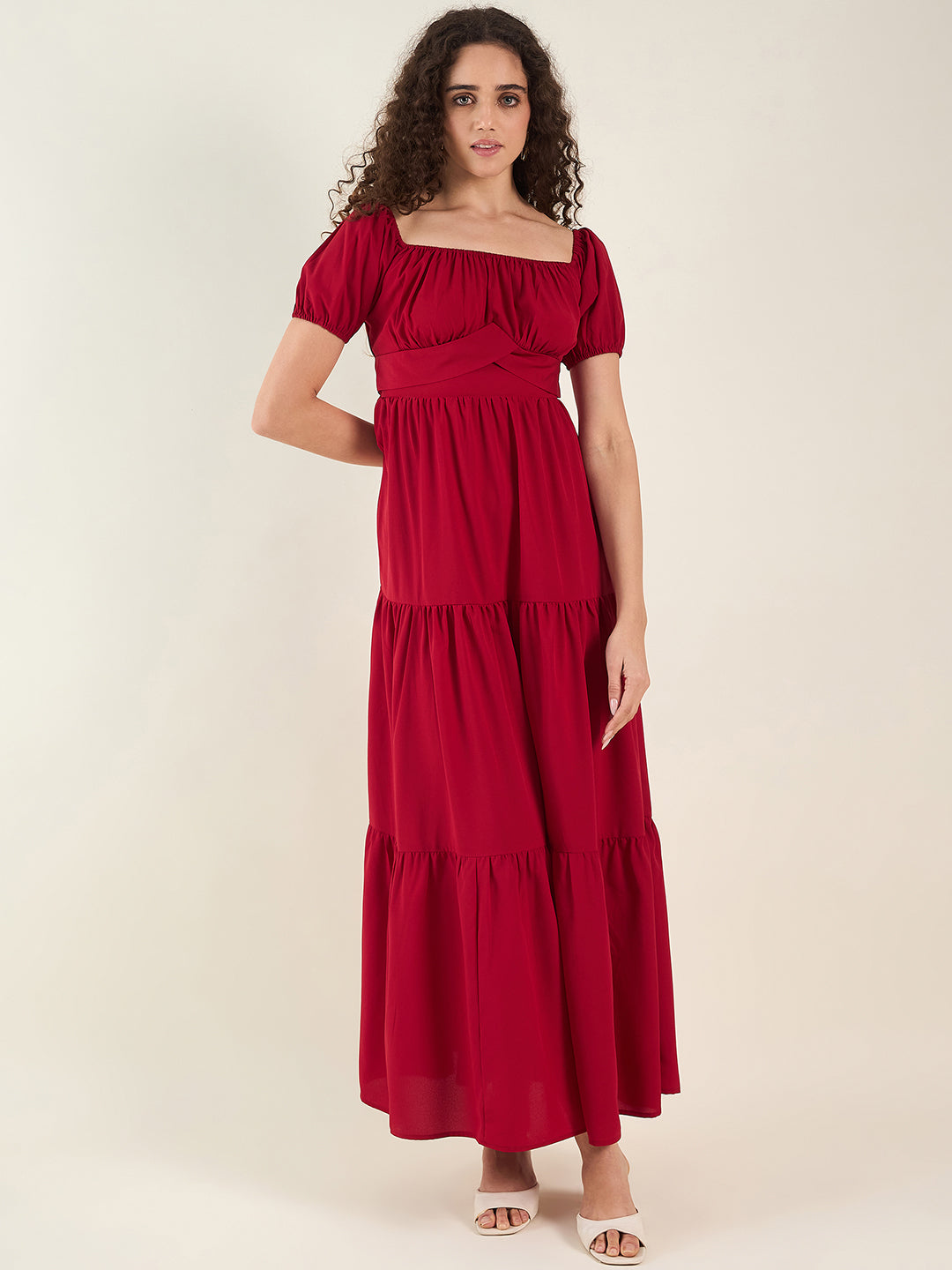 Puff Sleeve Square Neck Tie-Waist Maxi Dress