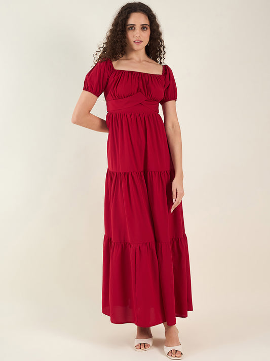 Puff Sleeve Square Neck Tie-Waist Maxi Dress