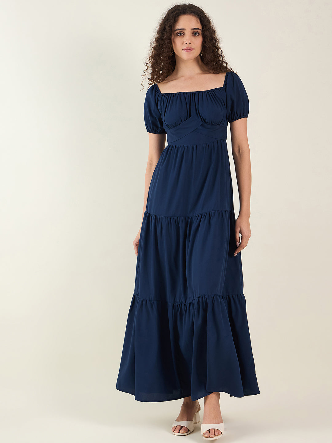 Puff Sleeve Square Neck Tie-Waist Maxi Dress