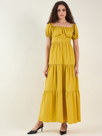 Puff Sleeve Square Neck Tie-Waist Maxi Dress