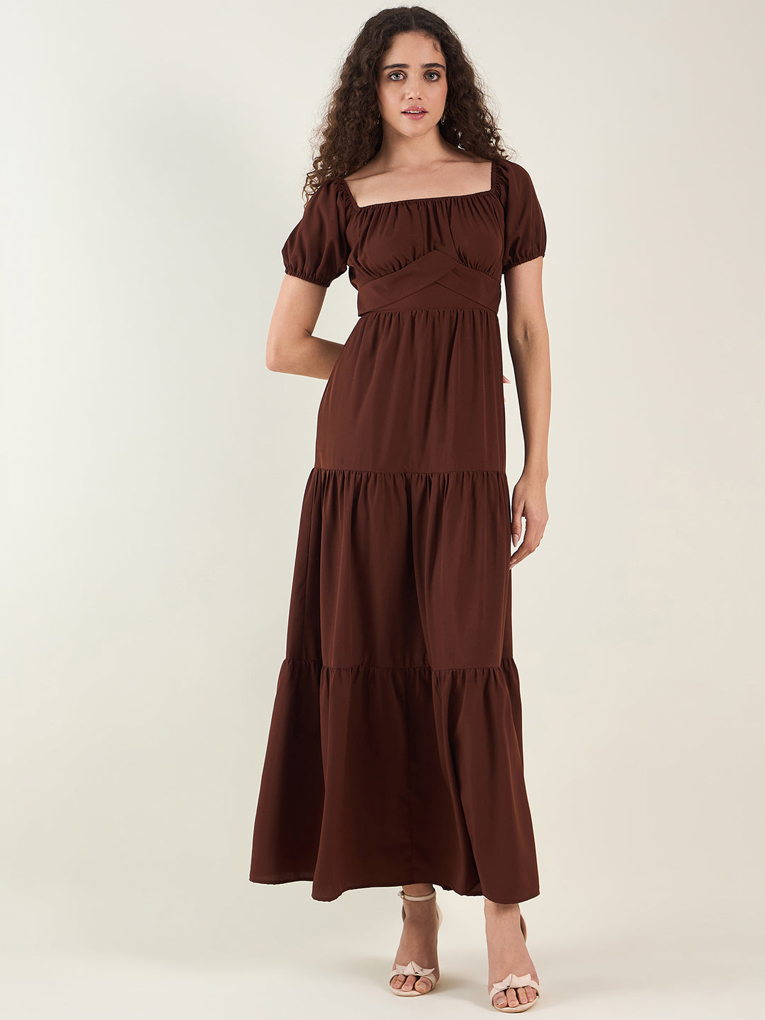 Puff Sleeve Square Neck Tie-Waist Maxi Dress