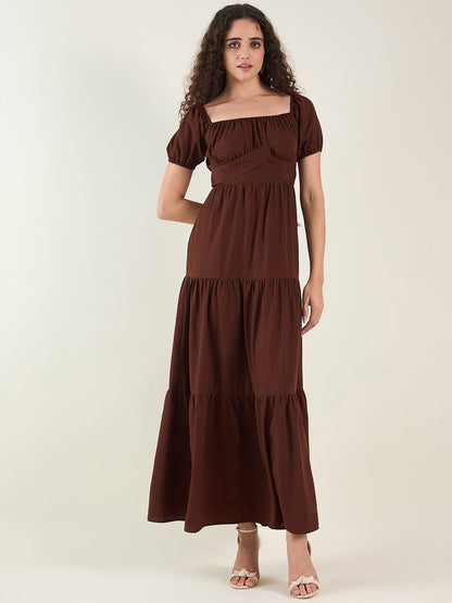 Puff Sleeve Square Neck Tie-Waist Maxi Dress