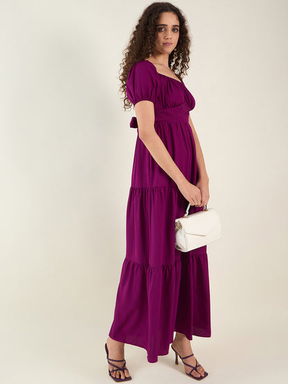 Puff Sleeve Square Neck Tie-Waist Maxi Dress