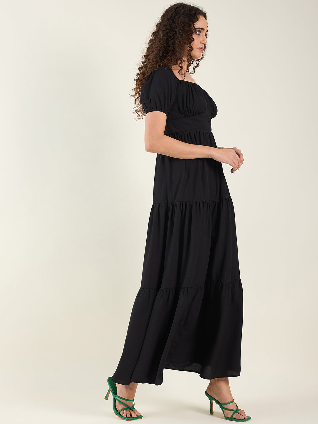 Puff Sleeve Square Neck Tie-Waist Maxi Dress