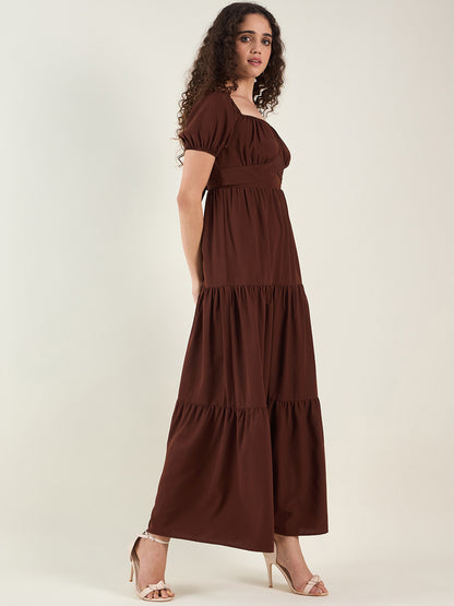 Puff Sleeve Square Neck Tie-Waist Maxi Dress