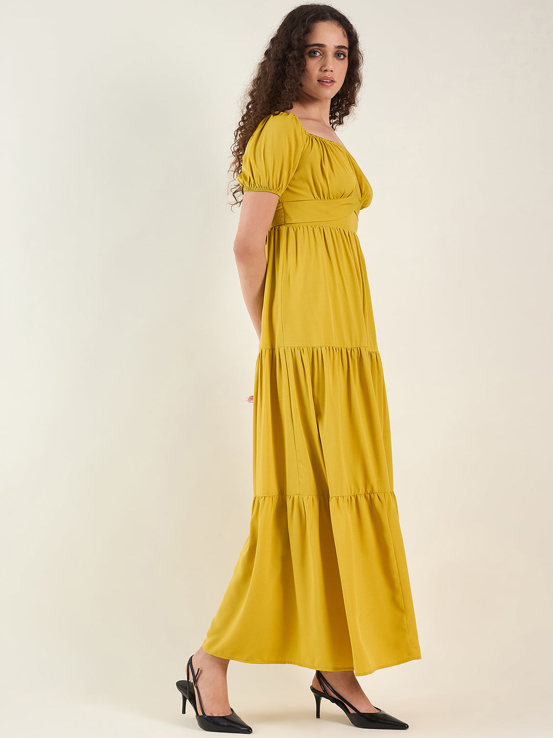 Puff Sleeve Square Neck Tie-Waist Maxi Dress